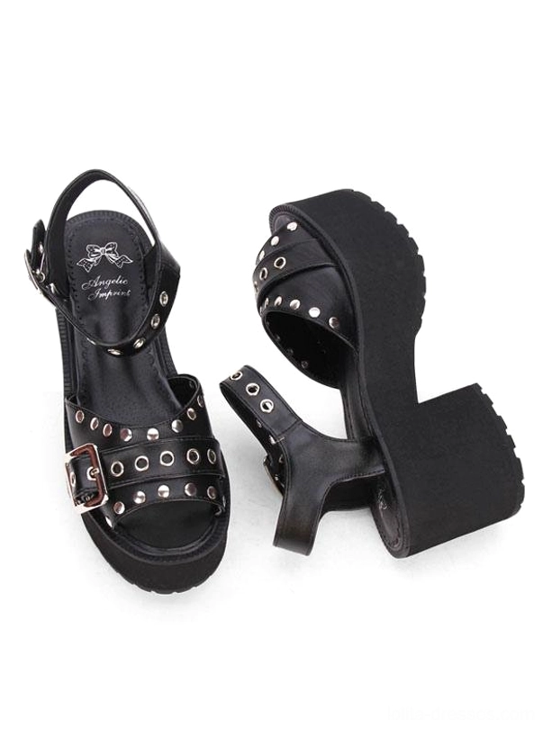 Black punk Lolita platform sandals mixed perspective display showing chunky block heel structure and overall silhouette