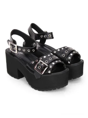 Black punk Lolita sandals side three-quarter perspective displaying thick platform sole and chunky block heel structure