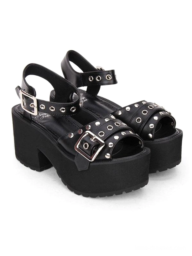Black punk Lolita sandals side three-quarter perspective displaying thick platform sole and chunky block heel structure