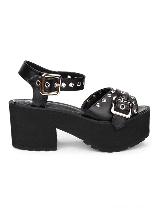 Single black punk Lolita platform sandal side three-quarter angle displaying side strap buckle and platform sole construction