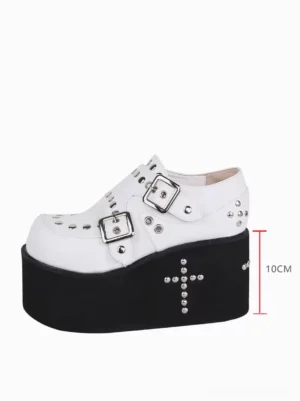 Single Punk Lolita platform sandal side profile showing 10cm platform height, cross rivet decoration on sole, and silver hardware details