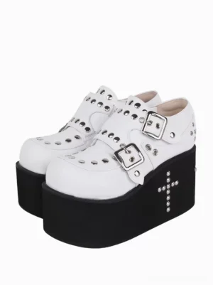 Punk Lolita platform sandals front three-quarter view featuring white PU leather upper, black thick sole, dual silver adjustable buckles, and metal rivet decorations