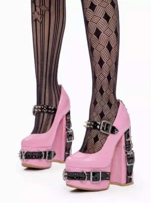 Punk lolita shoes chunky platform heel front side angle with multiple buckle straps and spike embellishments