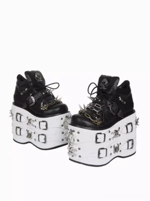 Punk Lolita platform shoes side paired viewing angle black lace-up upper with buckle straps white sole with tiny metal skull embellishments