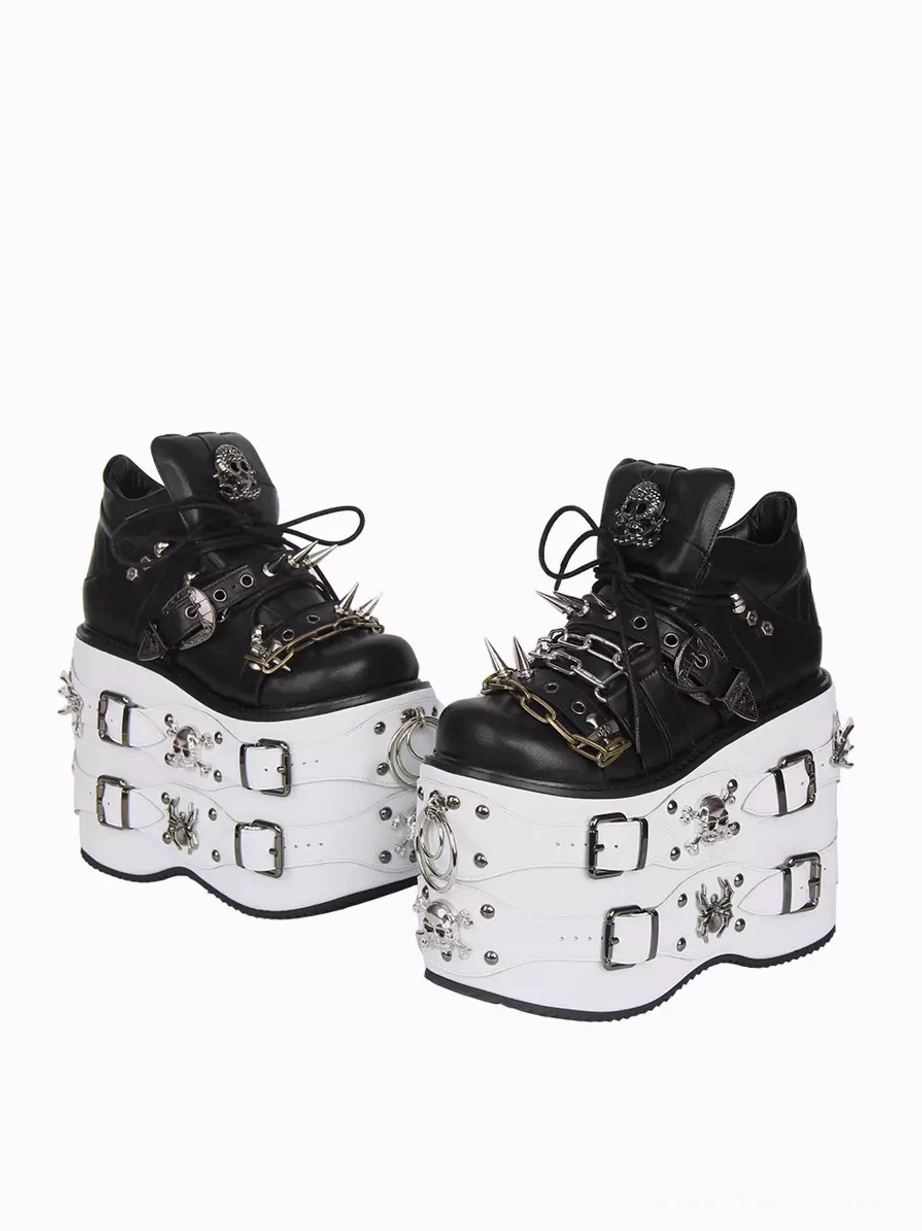 Punk Lolita platform shoes side paired viewing angle black lace-up upper with buckle straps white sole with tiny metal skull embellishments