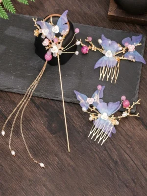 Purple butterfly vintage lolita hair accessory set with gradient organza wings gold metal frames pink purple bead ornaments pearl tassel hairpins dark wooden display