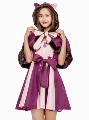 Front view of purple Cheshire Cat sweet lolita JSK dress with striped skirt, front bows, and hooded cat-ear cape with fur trim on female model in white studio setting