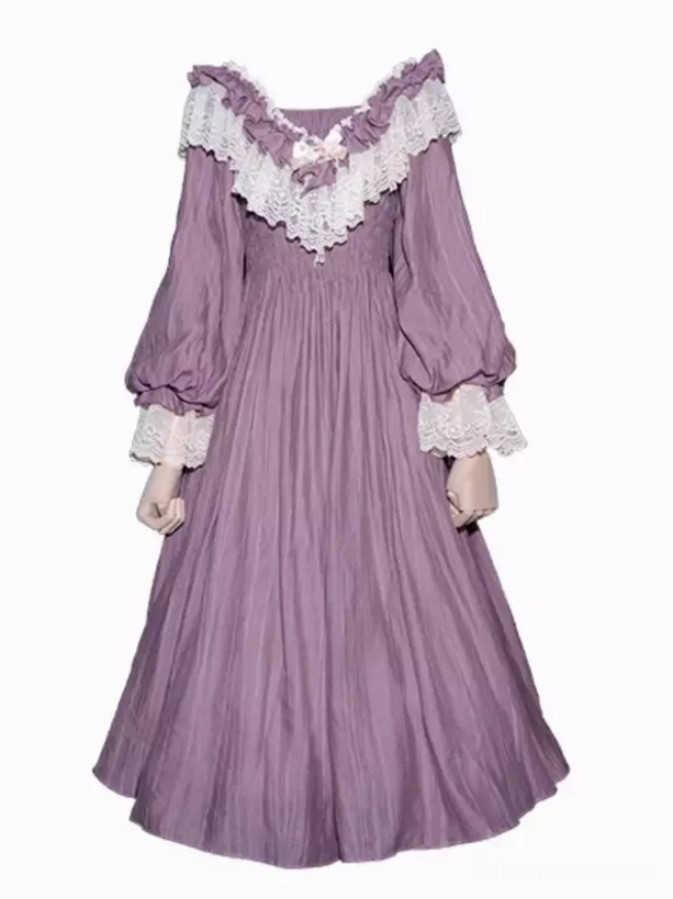 Purple classic lolita dress detailed view of lace ruffles bows and Victorian embellishment craftsmanship