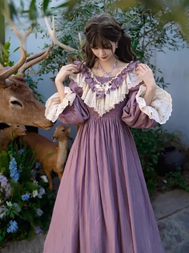 Purple classic lolita dress front angle view highlighting shirred bodice and lace embellishment details