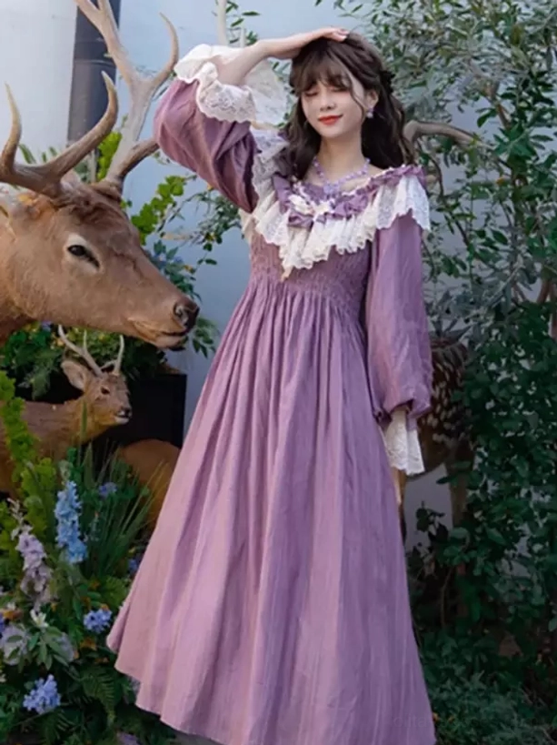 Purple classic lolita dress three-quarter side view displaying flowing maxi skirt and elegant fabric drape