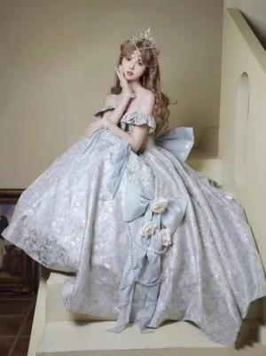 Purple Classic Lolita dress three-quarter portrait view showing off-shoulder ruffles large back bow pearl trims and generous ball gown skirt on model
