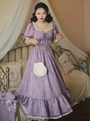 Purple vintage corset lolita dress with square neckline and front lace-up design - full body frontal shot featuring ruffled hem and fluffy white matching pouch