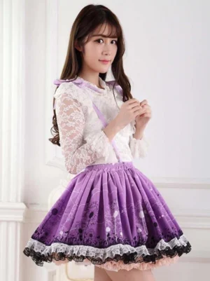 Purple dandelion sweet lolita skirt side three-quarter angle showing adjustable purple suspenders pleated fabric and lace-trimmed hem