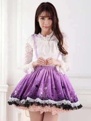 Purple dandelion sweet lolita suspender skirt front full-body shot with layered lace hem trim and peach underskirt detail