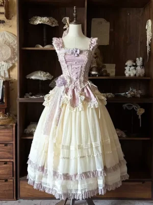Purple Victorian sleeveless lolita JSK dress with cream layered tulle skirt, ruffled shoulder straps, and purple bow embellishments displayed on mannequin in vintage shop setting