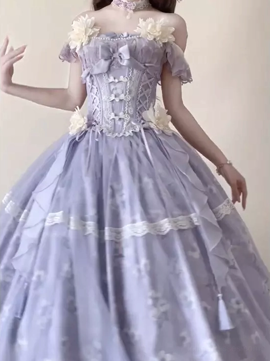 Purple off-shoulder floral sweet lolita ball gown with corset lace-up bodice, bow and floral details, printed floral tulle skirt with lace trim, upper body and skirt detail view