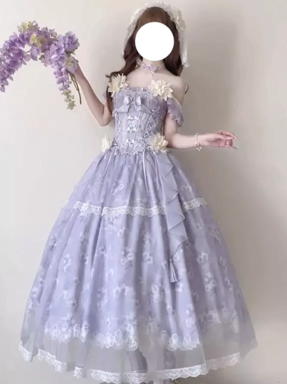 Purple off-the-shoulder floral lolita princess gown on female model holding purple flower bouquet, ruffled off-shoulder straps, simple indoor background half-body view