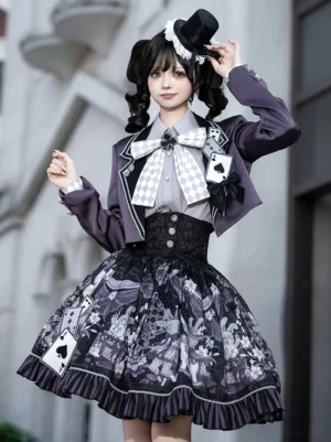 Purple Gothic Lolita 3-piece suit set front view with cropped overcoat, long-sleeve top, ruffled skirt, and decorative bows, worn with spade brooch and mini top hat in European architecture setting