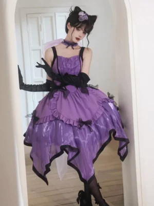 Purple Gothic Lolita dress back three-quarter view indoor wooden doorway showcasing asymmetrical handkerchief hem and black satin trim