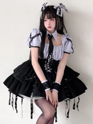 Purple and black gothic maid lolita dress side profile view showing puff square neck sleeves, layered black ruffle skirt, and full-body silhouette with sheer black tights