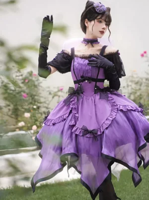 Purple Gothic Lolita jumper dress front three-quarter view outdoor garden setting with black satin bow details and ruffled skirt
