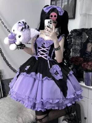 Purple Gothic Lolita jumper dress with lace-up bodice front view, twin-tail model holding plush toy, dark gothic interior setting with ruffled skirt hem