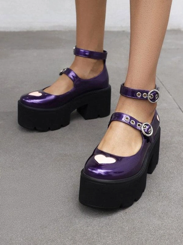 Purple gothic lolita Mary Jane platform shoe front three-quarter view featuring heart toe accents and premium patent leather finish with chunky platform