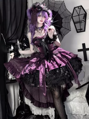 Purple strapless Gothic Lolita ball gown dress with black lace ruffles and 3D rose appliques, three-quarter front view showing high-low tiered skirt silhouette