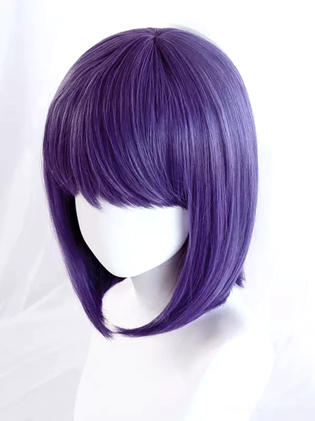 Deep purple bob lolita wig right front three-quarter angle showing curved bob ends and natural synthetic hair texture