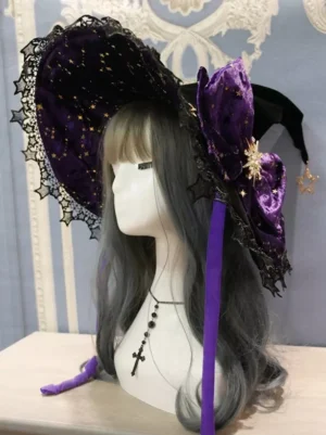 Purple star-patterned velvet gothic witch lolita hat with black lace brim and purple star charm, left side profile view on mannequin