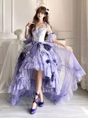 Front three-quarter view of purple high-low sweet lolita fairy dress with lace-up corset bodice and dark rose appliqués detail