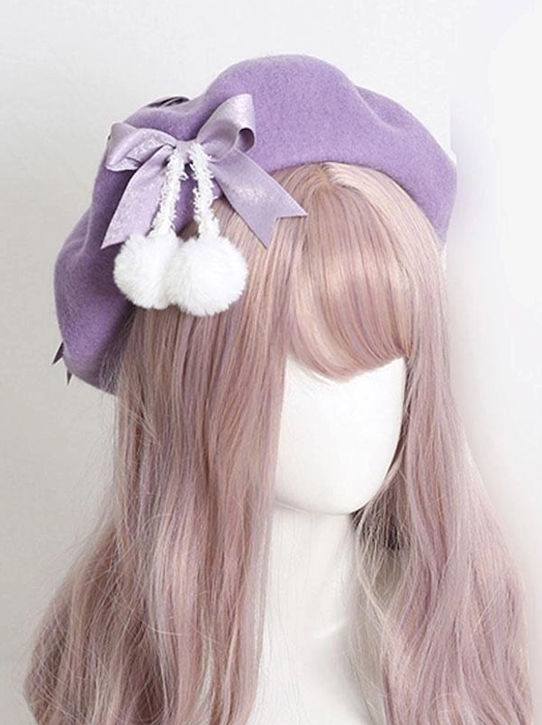 Purple lavender lolita hat with lilac satin ribbon bows and fluffy white pom-pom accents