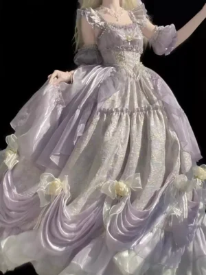 Purple lavender off-shoulder fairy lolita ball gown with removable puff sleeves and 3D floral bows on layered skirt, front half-side view on blonde model with pearl jewelry