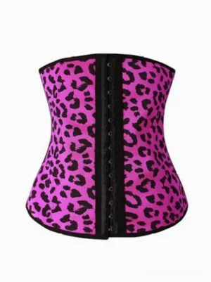 Purple leopard print underbust corset featuring bold black animal spots, black trim details and front hook fastening system, flat lay presentation for lolita gothic fashion