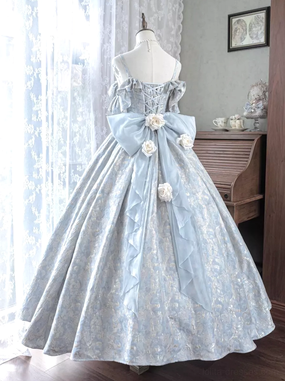 Back detail of purple off-shoulder Classic Lolita ball gown displaying multi-flower back bow and flowing full-length skirt indoor vintage room