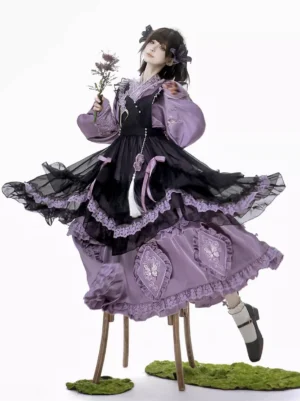 Sweet Lolita butterfly dress ensemble in motion, dynamic pose showing flowy layered skirt and decorative tassel pendant details