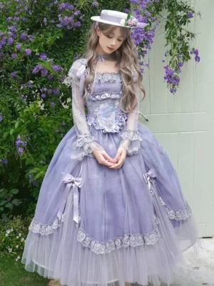 Purple lolita tea party dress side front view showcasing layered tulle midi skirt and corset bodice with lace hem detail