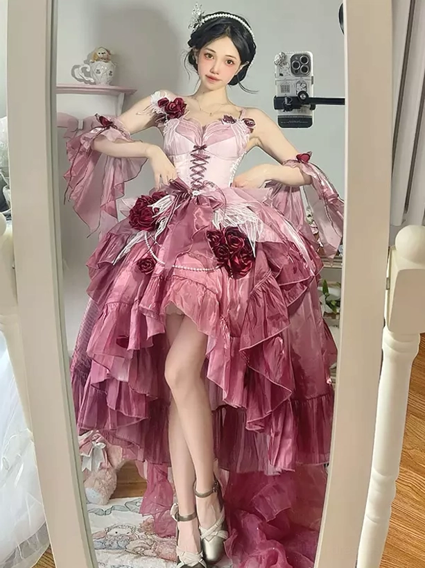 Purple lolita fairy dress lace-up corset front with chain accents and rose appliqué embellishments close-up