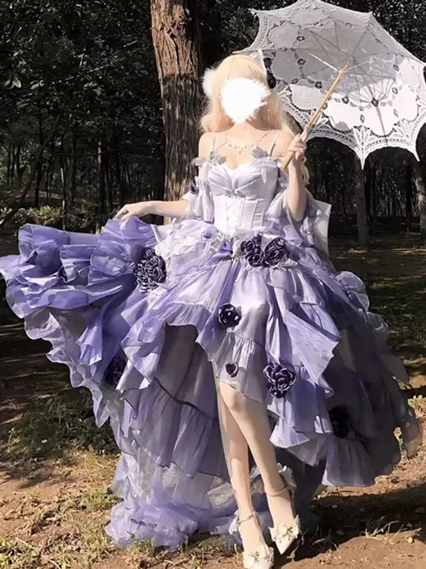 Front side outdoor view of purple lolita fairy dress with white lace parasol accessory and ruffled spread skirt in park environment