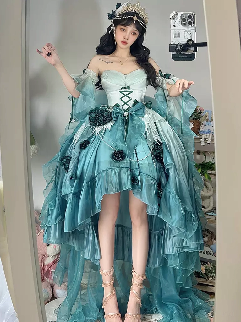 Purple lolita fairy dress sleeveless design with optional oversleeves showing versatile styling options