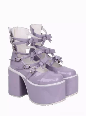 Rear three-quarter view of purple patent Lolita shoes showing back zipper closure, multiple bow straps, and thick platform heel structure