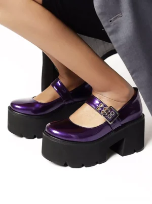 Purple platform Mary Jane lolita shoes low angle side profile model wearing showing thick platform sole and decorative metal buckle detail