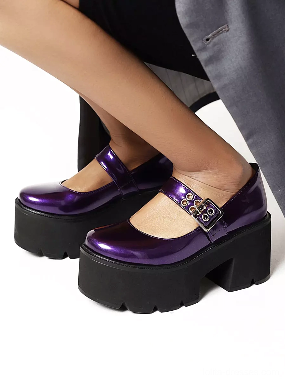 Purple platform Mary Jane lolita shoes low angle side profile model wearing showing thick platform sole and decorative metal buckle detail
