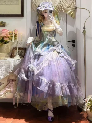 Purple ombre fairy lolita princess ball gown with ruffled tulle skirt, structured corset bodice, layered skirt, floral decorations, and formal flower hat - front full-body view