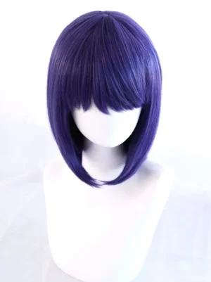 Purple short bob gothic lolita wig front three-quarter view showing blunt straight bangs and sleek bob cut on mannequin head