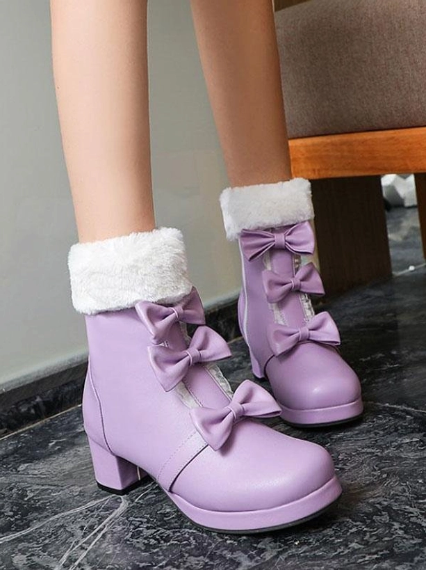 Purple Sweet Lolita ankle boots standalone side view on marble floor featuring double bows, plush fur trim, block heel, and side zipper detail