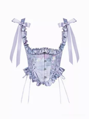 Purple sweet lolita corset top with floral print flat lay front view showing satin bow straps ruffled trim and lace-up back closure