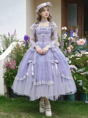 Purple lolita formal dress with square neckline and pearl choker model wearing garden outdoor setting full front view