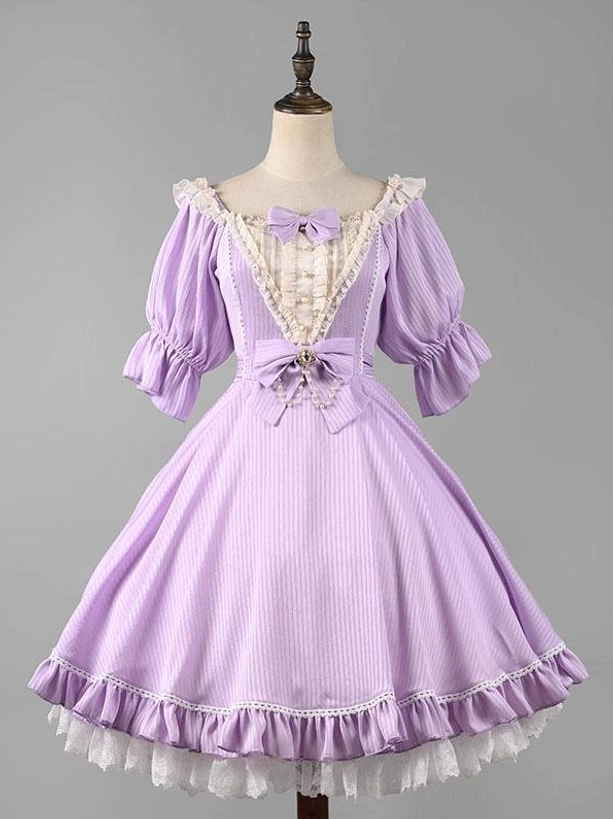 Purple lavender short sleeve sweet lolita dress on dress form with striped hem and front bow