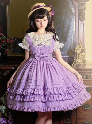 Purple sweet Lolita dress full-body front shot featuring puffed ruffled collar and multi-layer pleated skirt, styled with straw hat against vintage dresser interior